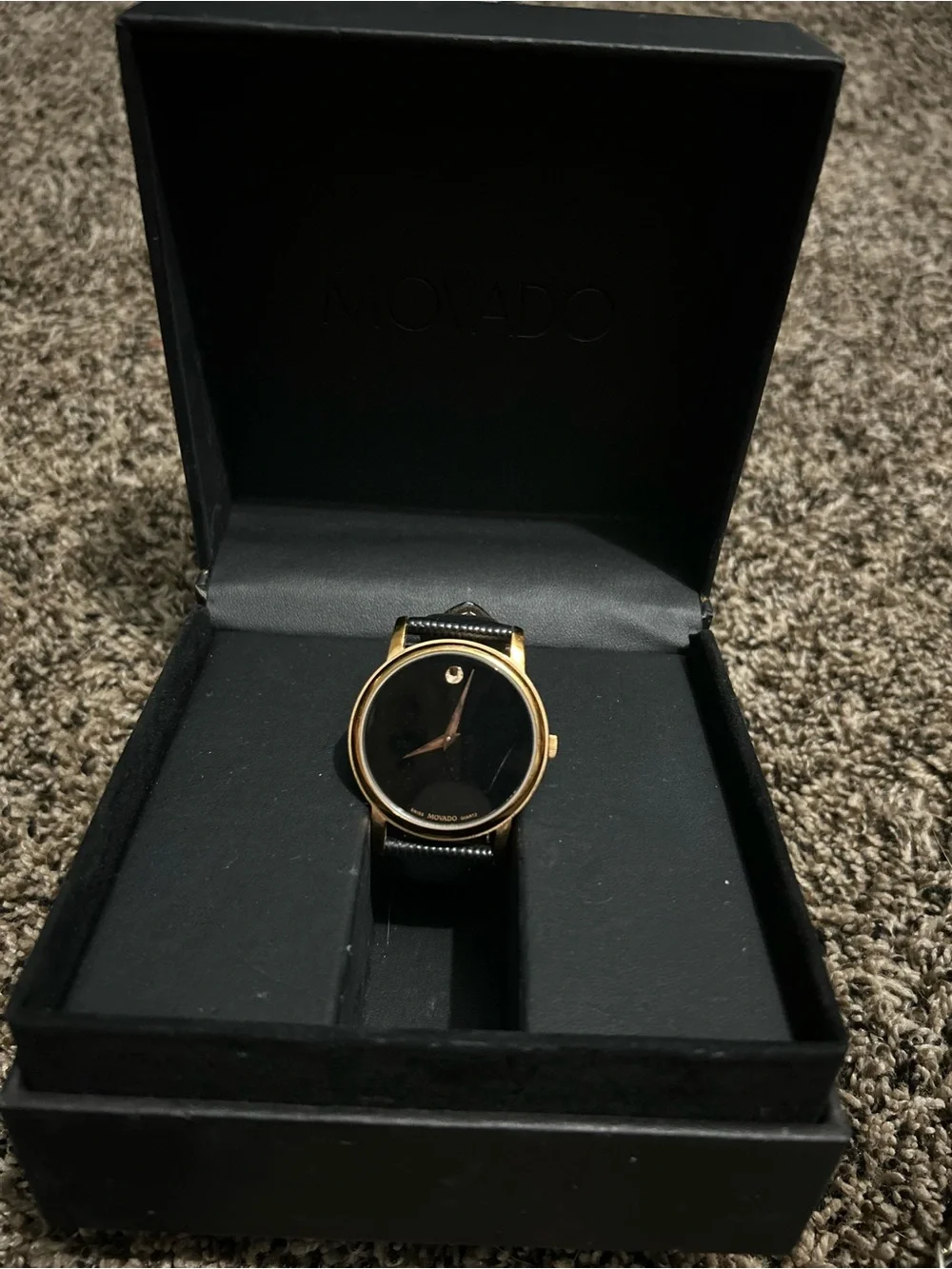Authentic Movado Black Dial Rose Gold-Tone Case Leather Strap Unisex Watch